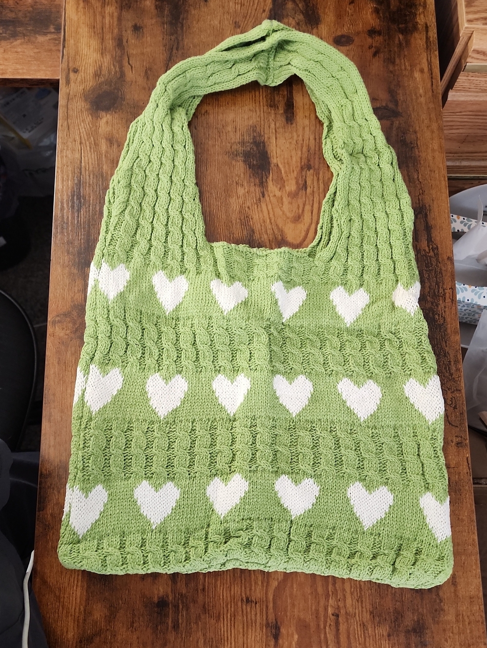 1pc Heart-Shaped Contrast Color Crocheted Tote Bag, Large Capacity Fashion Beach